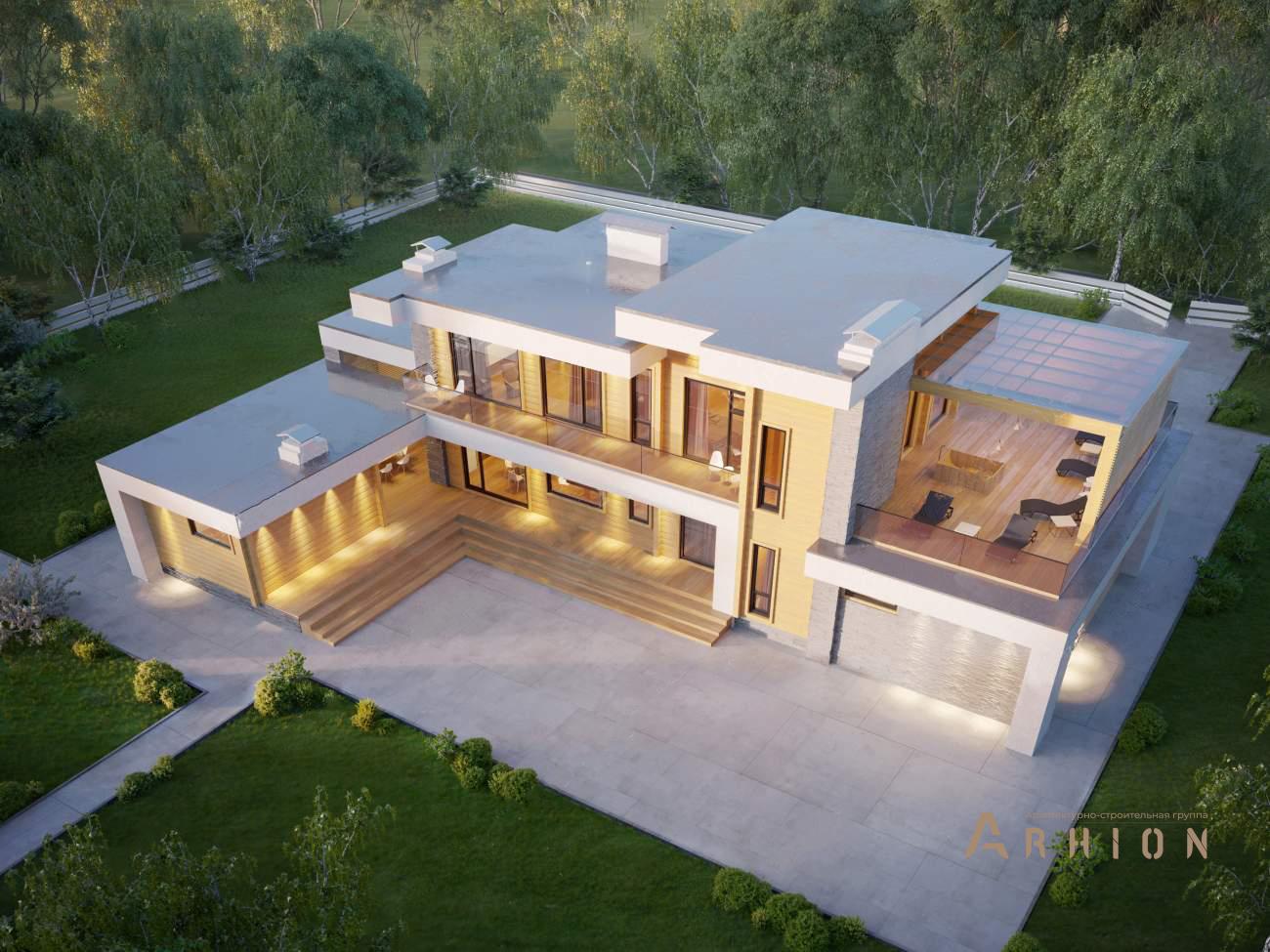 4. Проект двухэтажного дома в стиле хай-тек с плоской кровлей , rh-616, площадью - 616 кв c сауной, терассой, балконом, гаражом, вторым светом